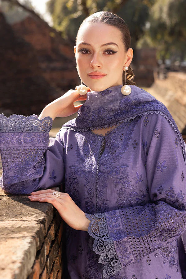 Step into the season with Jasmine from Saffron's Winter Edit—an ethereal blush pink three-piece ensemble featuring a Khaddar shirt with detailed embroidery and organza finishes, warm Khaddar trousers, and a textured Khaadi Net dupatta with elegant pallus. Perfect for winter clothes that blend formal wear with casual elegance. Shop now at Signature Labels for £119.99.