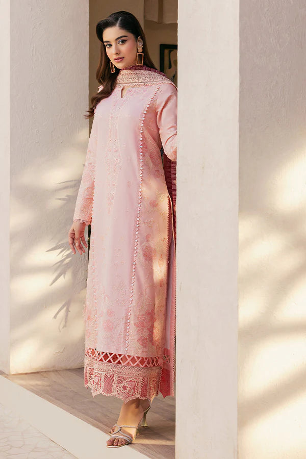 Model wearing pastel pink embroidered dress from Saffron Summer Soiree '25 Rosalie, Pakistani luxury pret available online in UK.