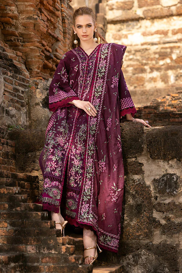 Model wearing plum embroidered dress from Saffron Winter Edit Diana, Pakistani luxury pret perfect for weddings, shop online in UK.