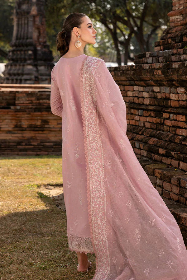 Model wearing dusty pink embroidered dress from Saffron Winter Edit Daphne, Pakistani luxury pret available online in UK.