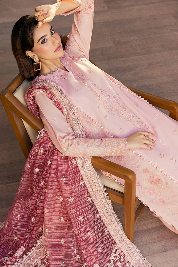 Model wearing pastel pink embroidered dress from Saffron Summer Soiree '25 Rosalie, Pakistani luxury pret available online in UK.