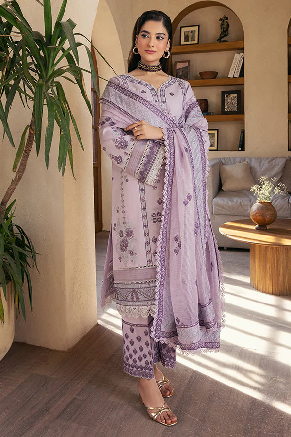 Model wearing lilac printed and embroidered dress from Saffron Summer Soiree '25 Celeste, Pakistani luxury pret available online in UK.