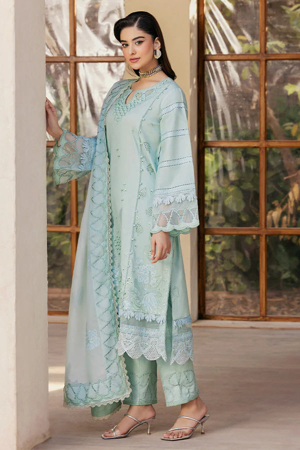 Model wearing pastel mint embroidered dress from Saffron Summer Soiree '25 Zoe, Pakistani luxury pret available online in UK.