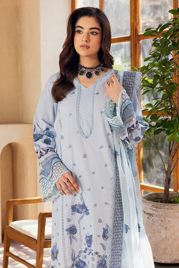 Model wearing powder blue printed and embroidered dress from Saffron Summer Soiree '25 Isla, Pakistani luxury pret available online in UK.