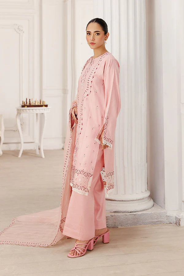 Model wearing Peach Blossom by Saffron in soft peach with delicate embroidery – stylish Pakistani luxury pret outfit available online in UK.
