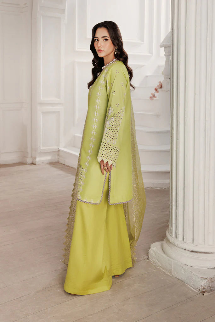 Model wearing Pear Drift by Saffron in pastel green with intricate embroidery – elegant Pakistani luxury pret outfit available online in UK.