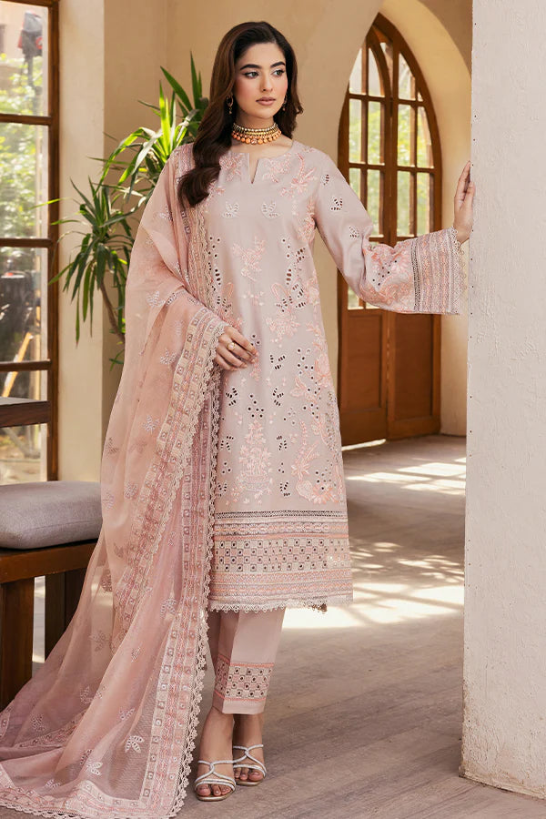 Model wearing soft peach embroidered dress from Saffron Summer Soiree '25 Fleur, Pakistani luxury pret available online in UK.