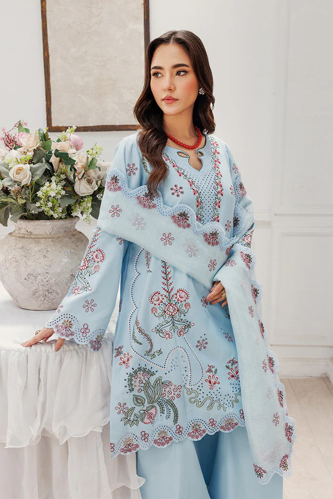 Model wearing Blush Skies by Saffron in pastel blue with delicate embroidery – premium Pakistani luxury pret outfit online in UK.
