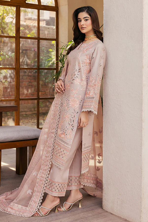 Model wearing soft peach embroidered dress from Saffron Summer Soiree '25 Fleur, Pakistani luxury pret available online in UK.