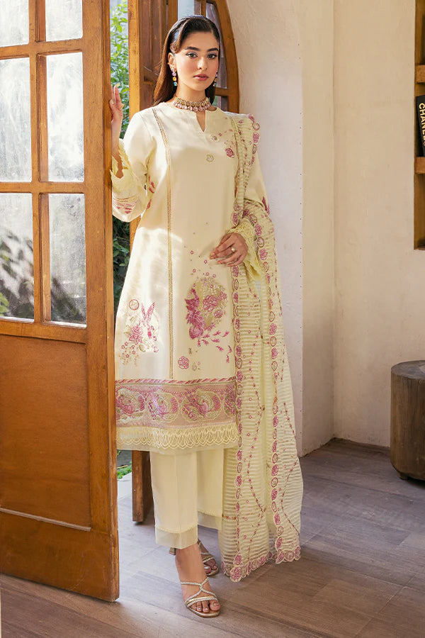 Model wearing cream and pink embroidered dress from Saffron Summer Soiree '25 Dove, Pakistani luxury pret available online in UK.
