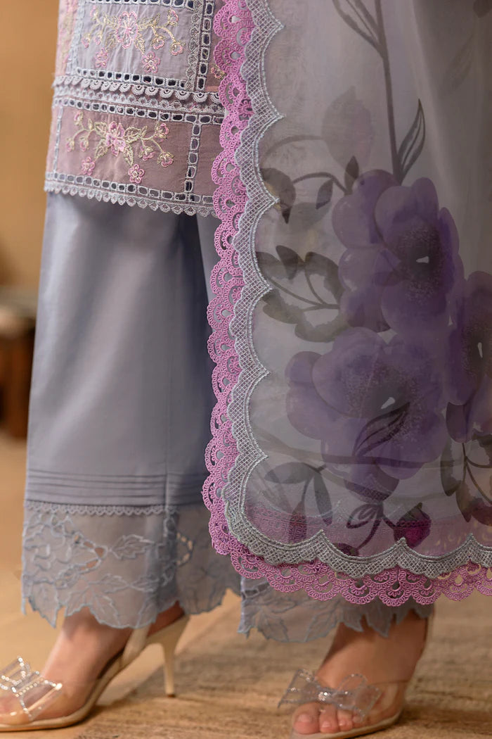 Model wearing lavender embroidered three-piece suit with printed dupatta from Saira Rizwan, Pakistani luxury pret, Pakistani clothes online in UK.