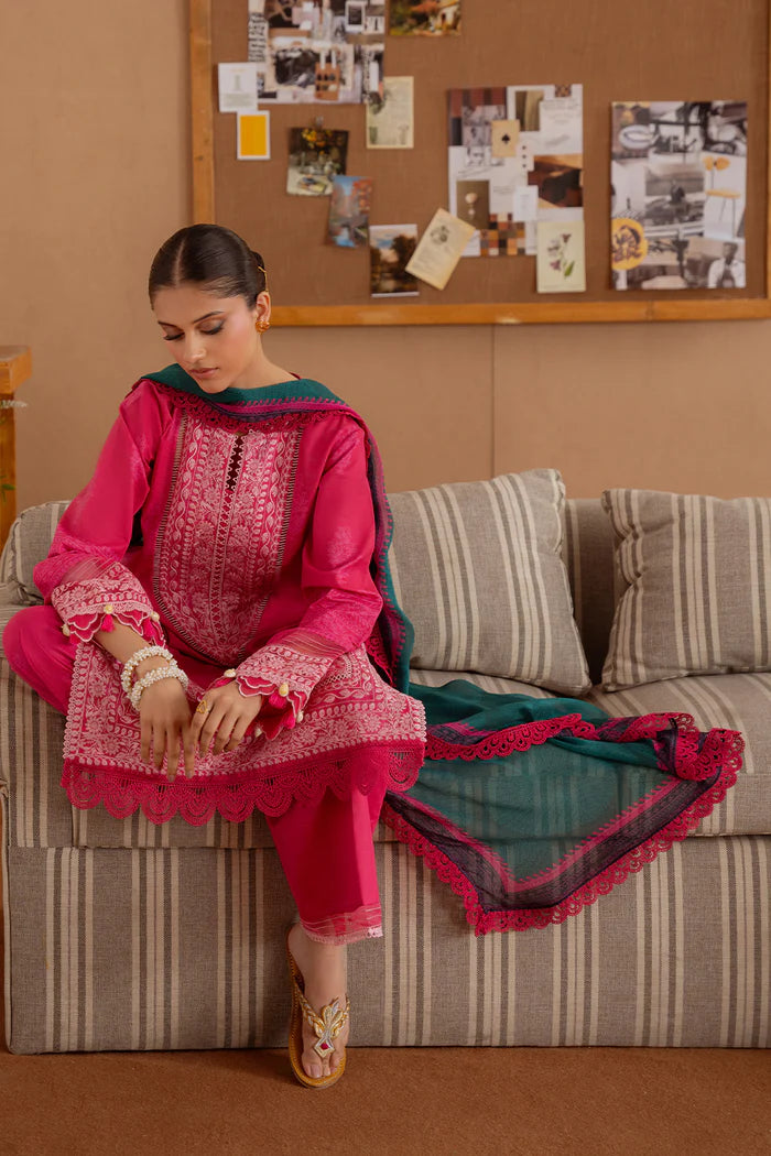 Model wearing hot pink ELARA-A-SRL25-01 from Saira Rizwan Laneem SS/25, ideal for Pakistani luxury pret and Pakistani clothes online in UK.