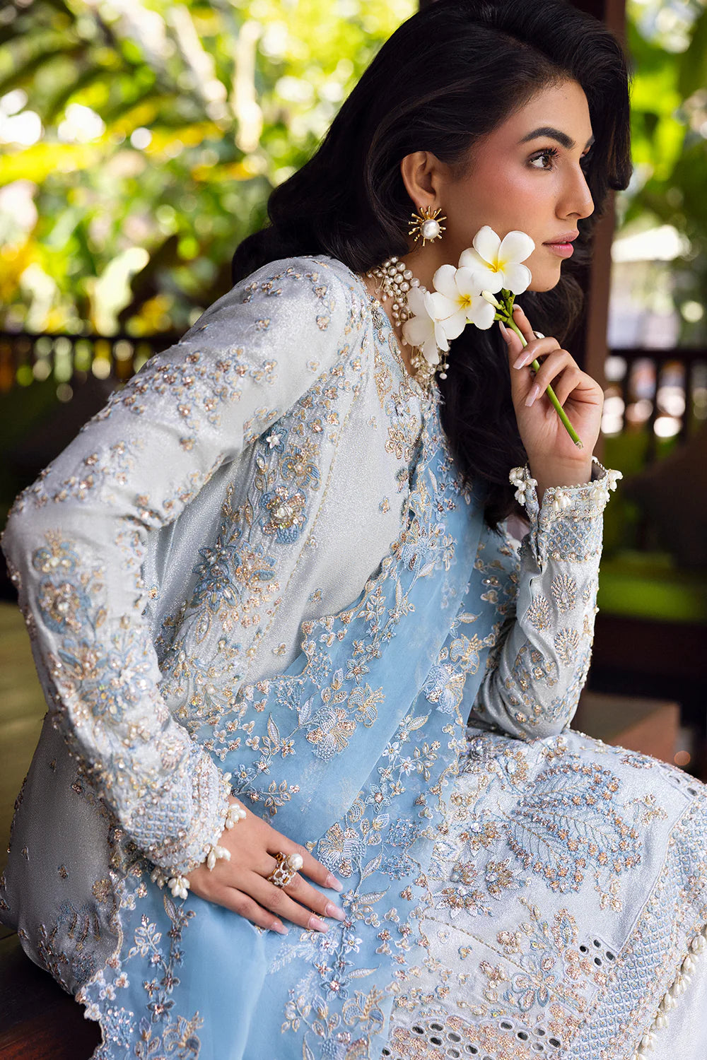 Model wearing Saira Rizwan SORAYA-SRF25-06 in ice blue with silver embroidery – Pakistani luxury pret, shop online in UK.