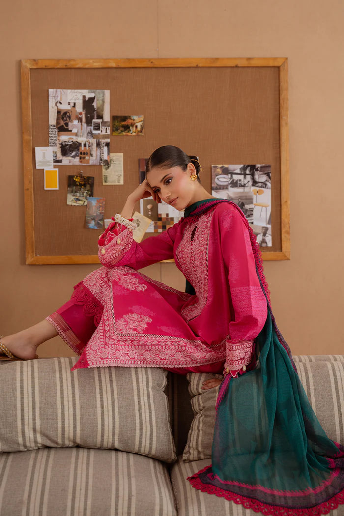 Model wearing hot pink ELARA-A-SRL25-01 from Saira Rizwan Laneem SS/25, ideal for Pakistani luxury pret and Pakistani clothes online in UK.