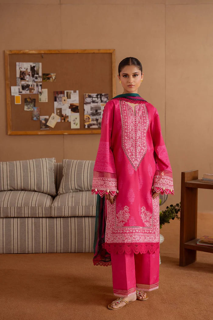 Model wearing hot pink ELARA-A-SRL25-01 from Saira Rizwan Laneem SS/25, ideal for Pakistani luxury pret and Pakistani clothes online in UK.
