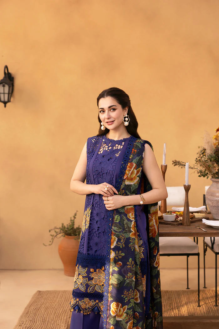 Model wearing deep purple embroidered dress from Saira Rizwan Luxury Lawn '25 AIMEE-SRL25-01, Pakistani Luxury pret online in UK.