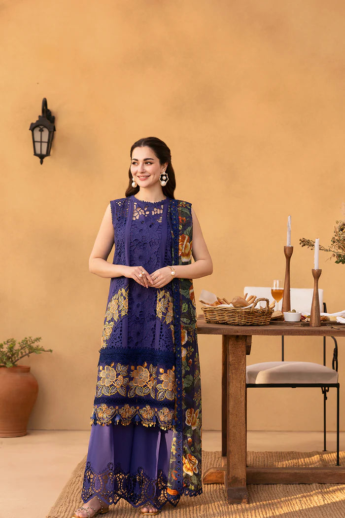 Model wearing deep purple embroidered dress from Saira Rizwan Luxury Lawn '25 AIMEE-SRL25-01, Pakistani Luxury pret online in UK.