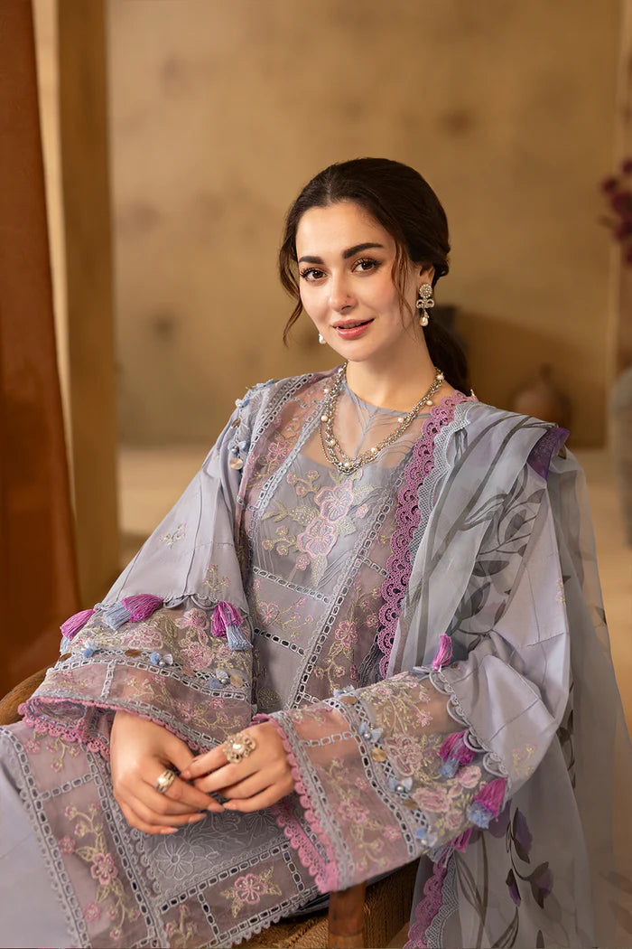 Model wearing lavender embroidered three-piece suit with printed dupatta from Saira Rizwan, Pakistani luxury pret, Pakistani clothes online in UK.
