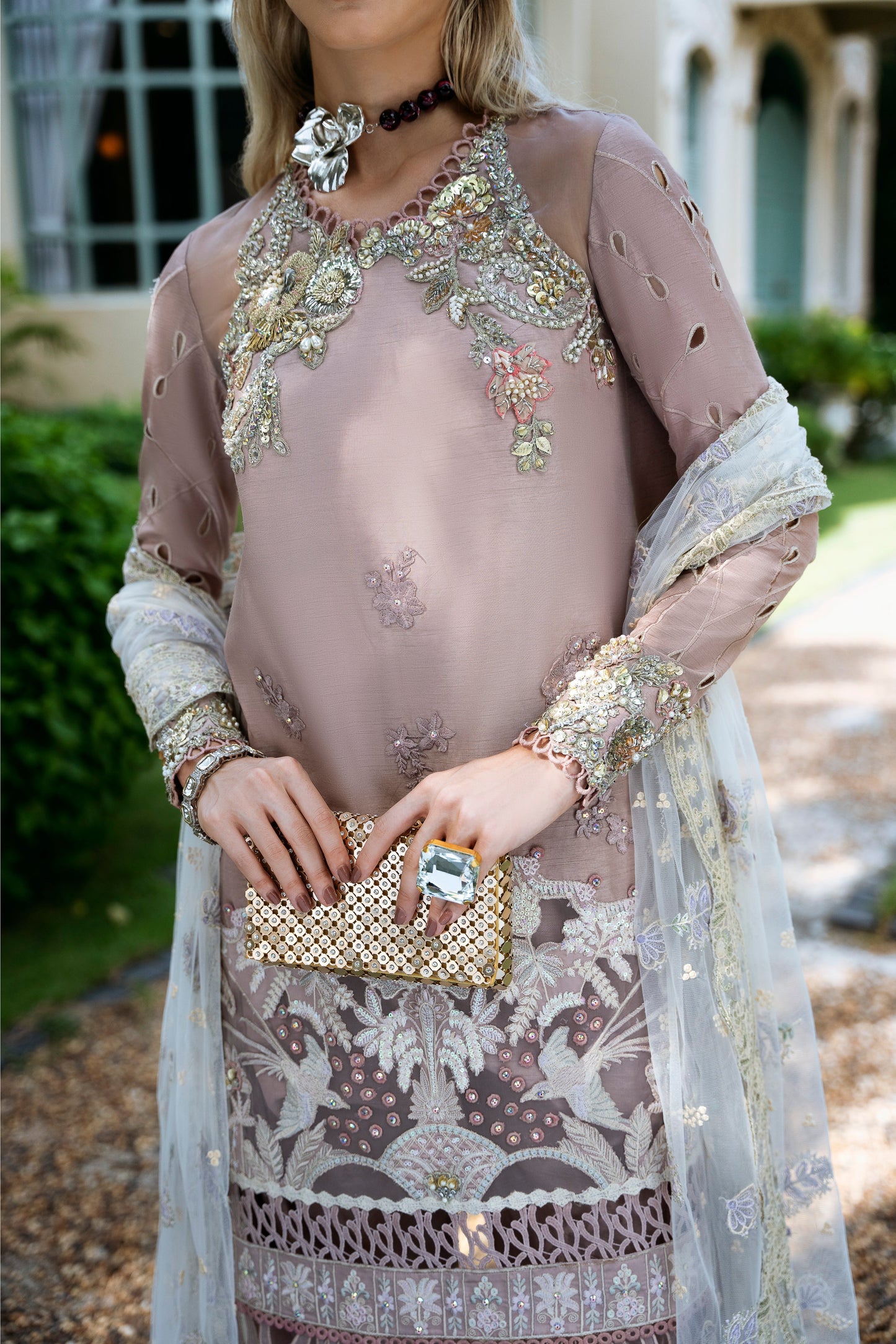 Model wearing Clara from Mysie by Tahira in beige luxury pret with intricate embroidery, perfect for Pakistani clothes online in UK.