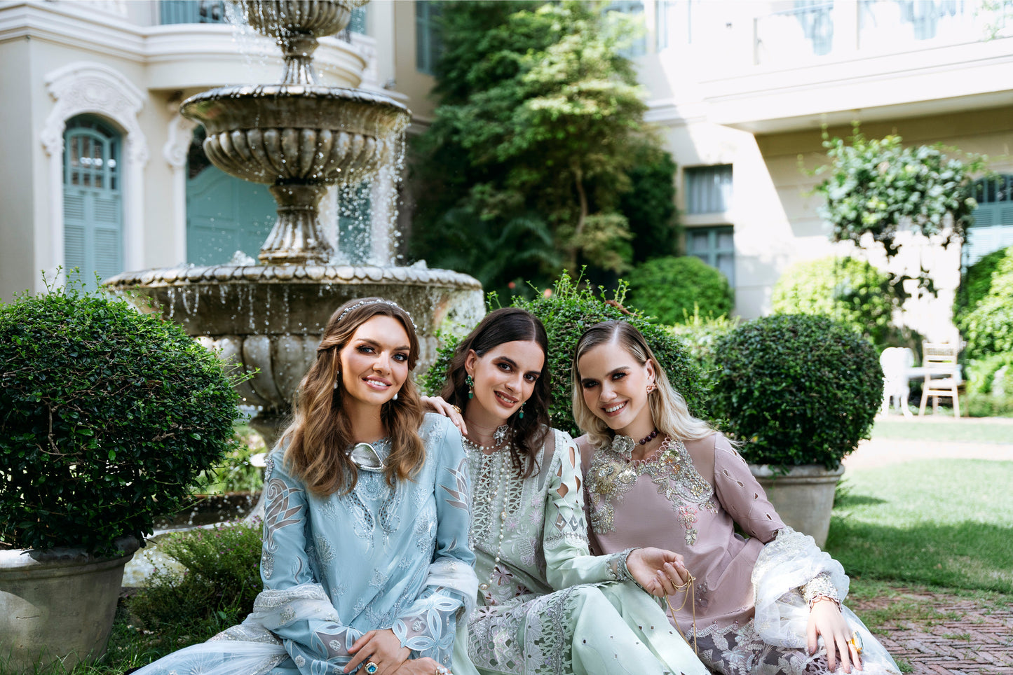 Model wearing Clara from Mysie by Tahira in beige luxury pret with intricate embroidery, perfect for Pakistani clothes online in UK.