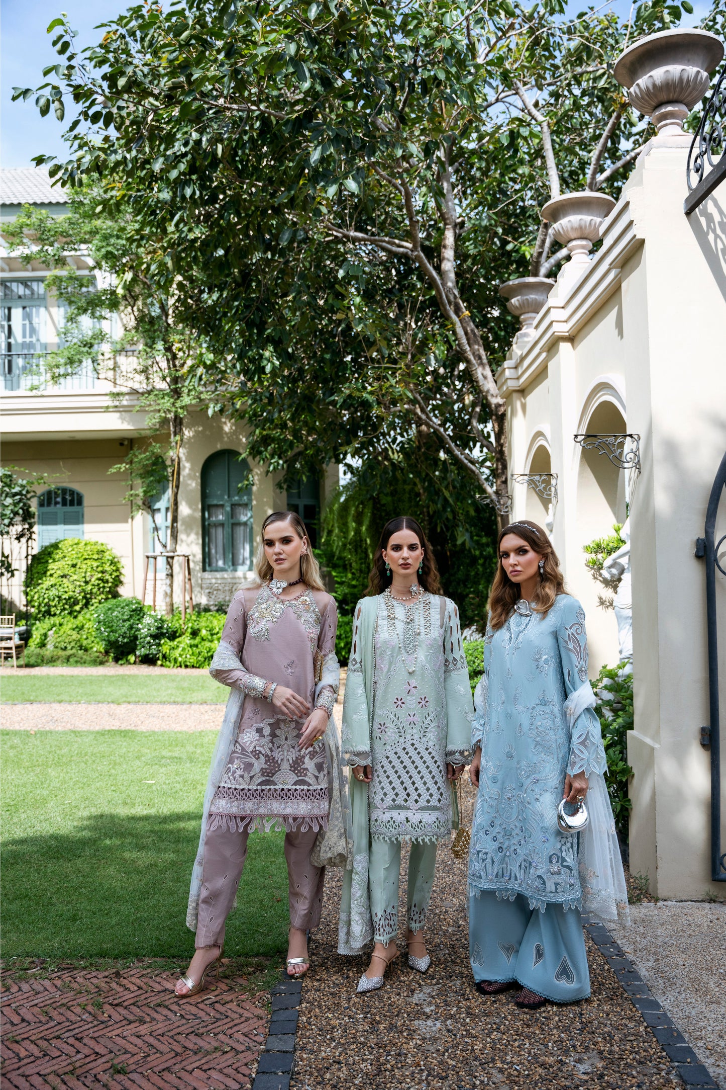 Model wearing Clara from Mysie by Tahira in beige luxury pret with intricate embroidery, perfect for Pakistani clothes online in UK.
