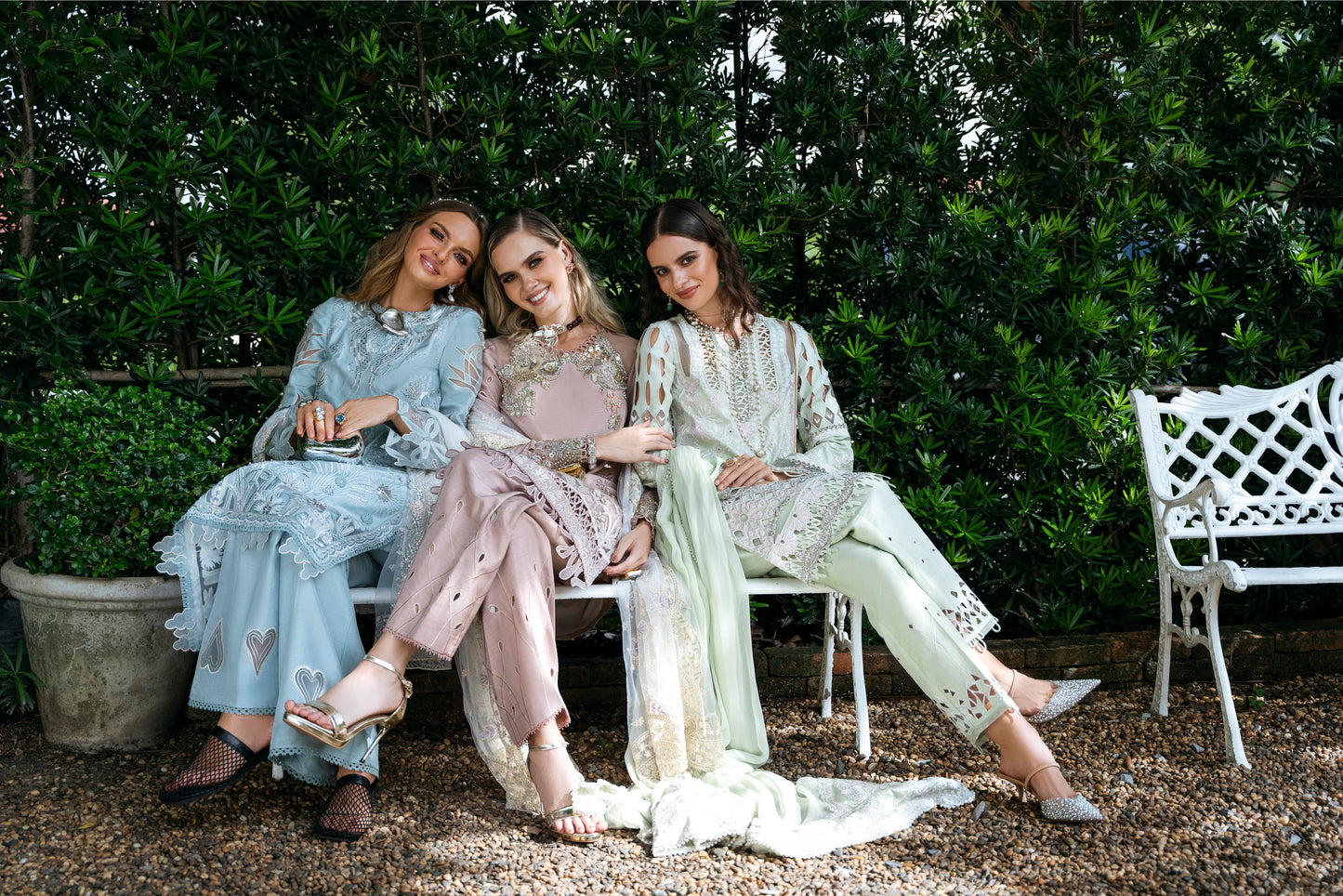 Model wearing Clara from Mysie by Tahira in beige luxury pret with intricate embroidery, perfect for Pakistani clothes online in UK.