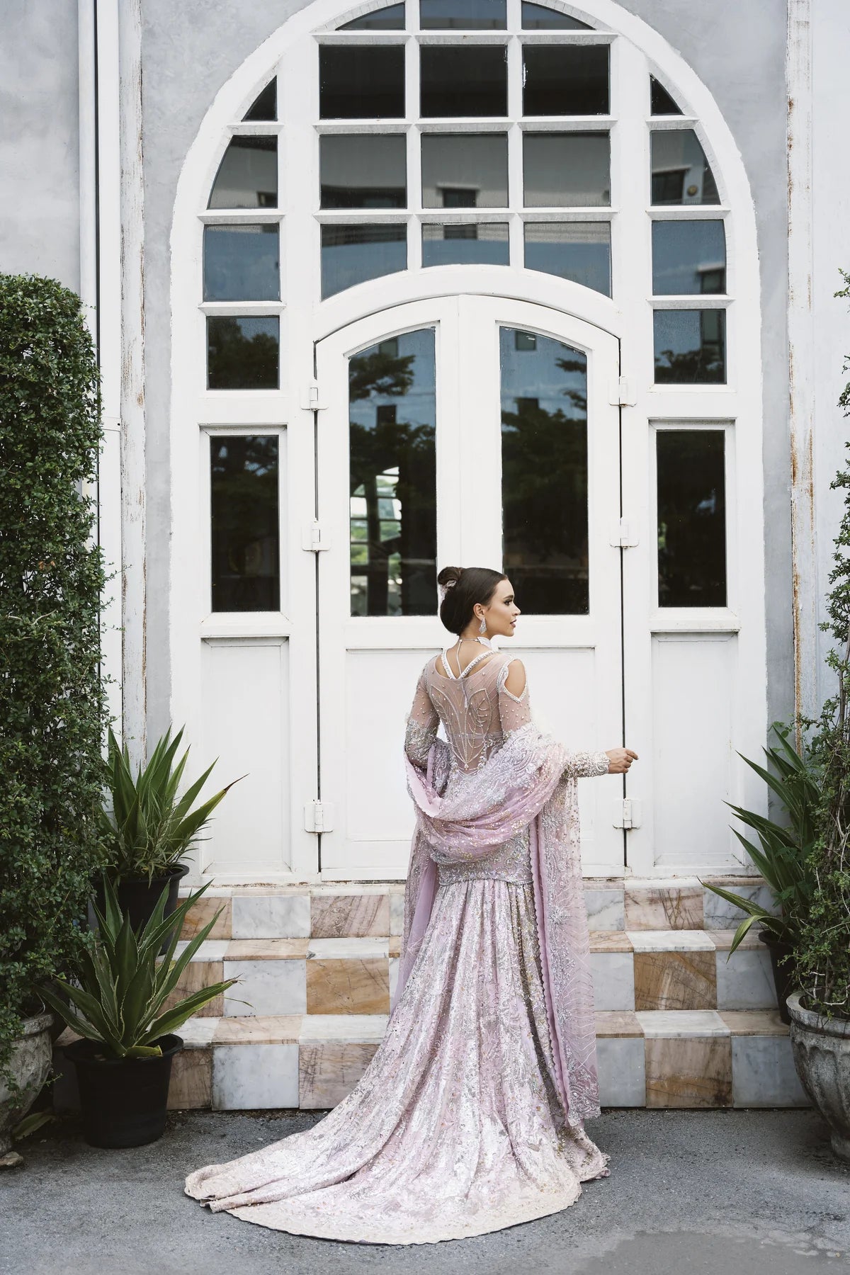 Model wearing JAISA dress from Mysie by Tahira's POEÃÅTIQUE'24 SUMMER collection. Pakistani clothes online in UK at Signature Labels.