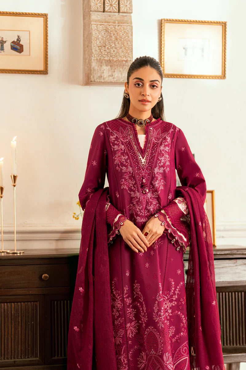 Model wearing maroon Qalamkar SB-02 Sameen embroidered outfit, ideal for Eid festivities and Pakistani luxury pret online in UK.
