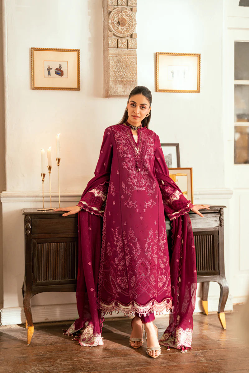 Model wearing maroon Qalamkar SB-02 Sameen embroidered outfit, ideal for Eid festivities and Pakistani luxury pret online in UK.