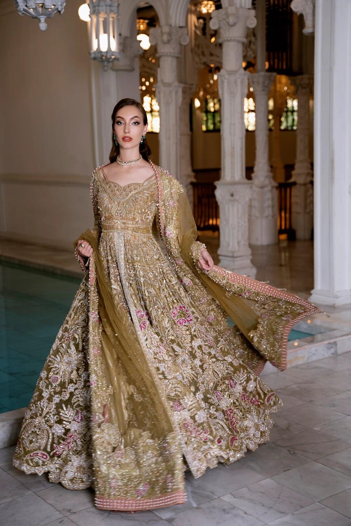 Model wearing SAROSH dress from Mysie by Tahira's POEÃÅTIQUE'24 SUMMER collection. Pakistani clothes online in UK at Signature Labels.