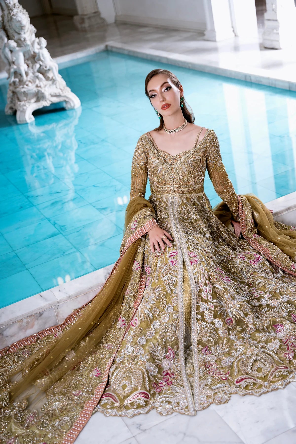 Model wearing SAROSH dress from Mysie by Tahira's POEÃÅTIQUE'24 SUMMER collection. Pakistani clothes online in UK at Signature Labels.