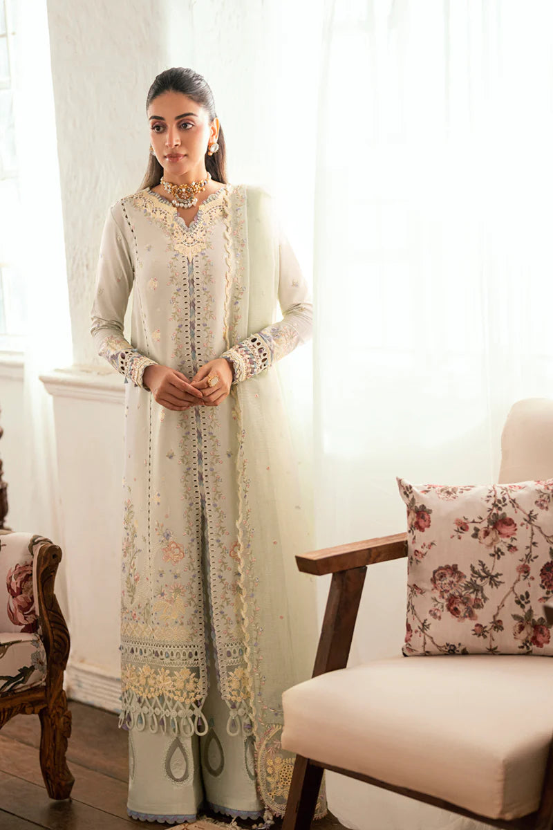 Model wearing pastel mint green SB-08 Rimsha from Qalamkar Eid Edit '25, intricate embroidery, Pakistani Luxury pret, Pakistani clothes online in UK.