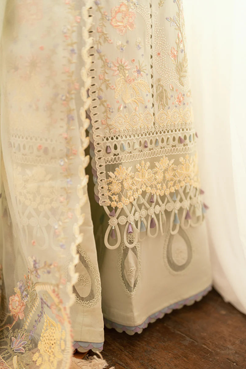 Model wearing pastel mint green SB-08 Rimsha from Qalamkar Eid Edit '25, intricate embroidery, Pakistani Luxury pret, Pakistani clothes online in UK.