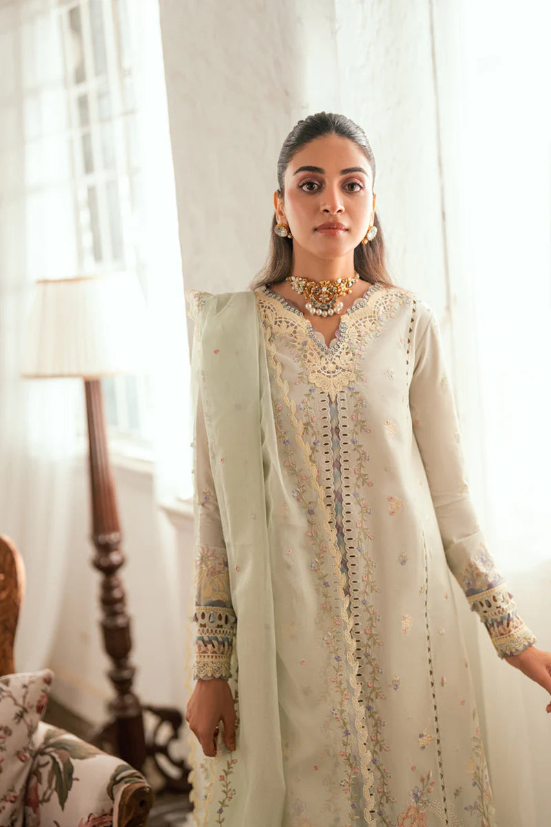 Model wearing pastel mint green SB-08 Rimsha from Qalamkar Eid Edit '25, intricate embroidery, Pakistani Luxury pret, Pakistani clothes online in UK.