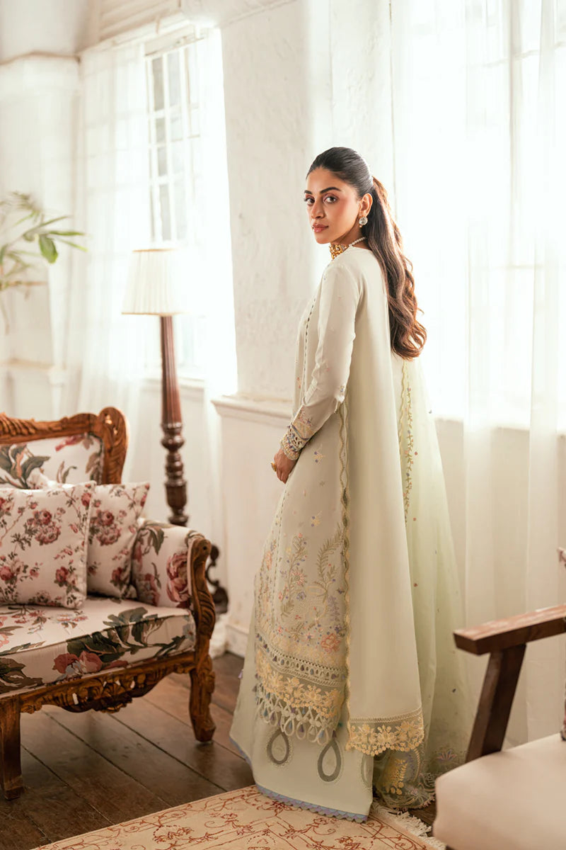 Model wearing pastel mint green SB-08 Rimsha from Qalamkar Eid Edit '25, intricate embroidery, Pakistani Luxury pret, Pakistani clothes online in UK.