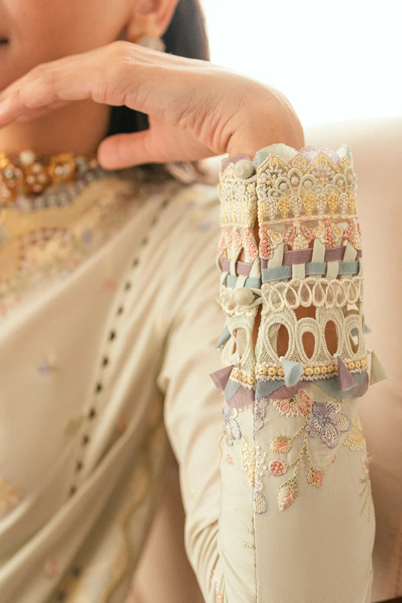 Model wearing pastel mint green SB-08 Rimsha from Qalamkar Eid Edit '25, intricate embroidery, Pakistani Luxury pret, Pakistani clothes online in UK.