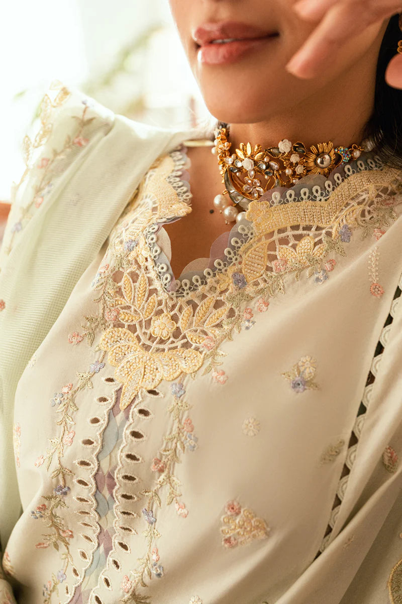 Model wearing pastel mint green SB-08 Rimsha from Qalamkar Eid Edit '25, intricate embroidery, Pakistani Luxury pret, Pakistani clothes online in UK.