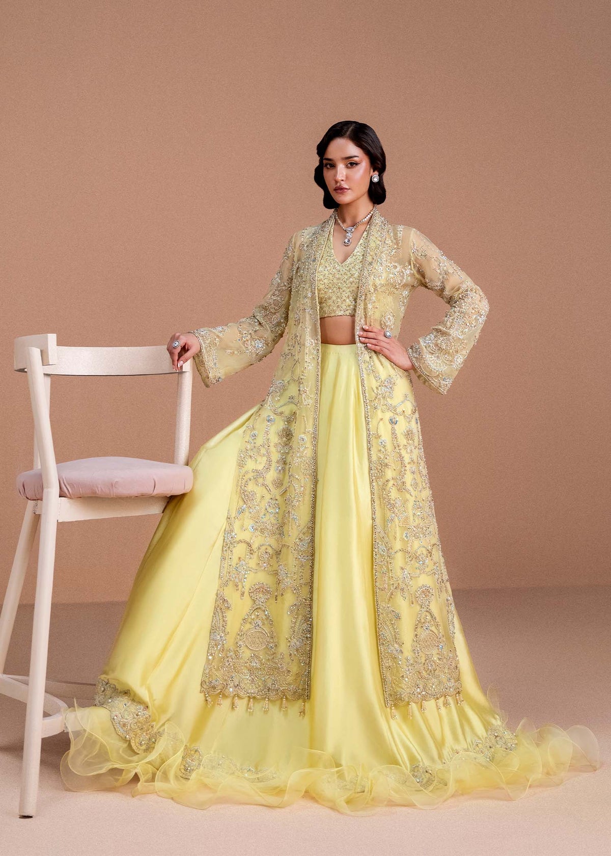 Model wearing lemon yellow Meira outfit from Kanwal Malik, featuring intricate embellishments for Pakistani luxury pret and clothes online in UK.