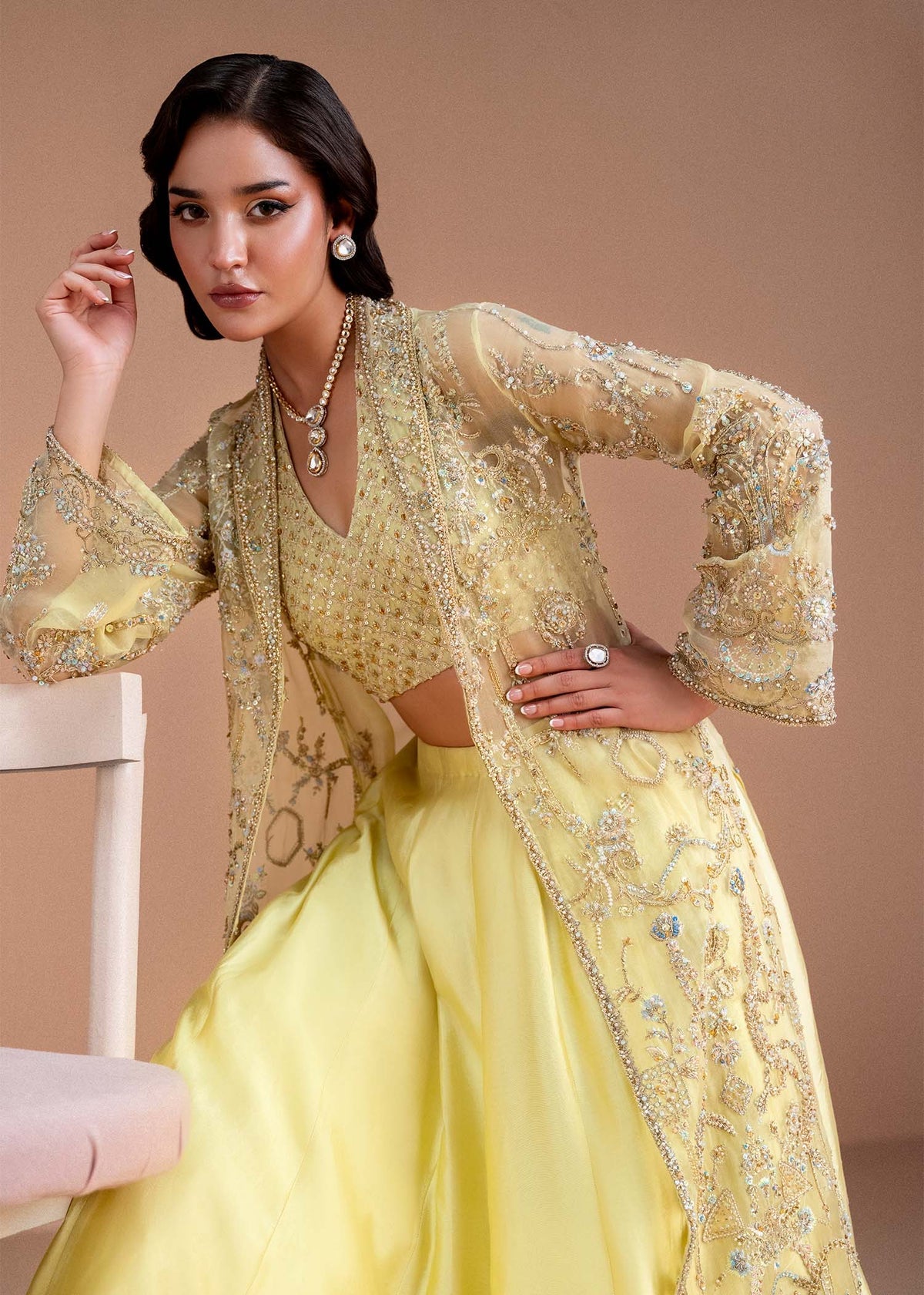 Model wearing lemon yellow Meira outfit from Kanwal Malik, featuring intricate embellishments for Pakistani luxury pret and clothes online in UK.