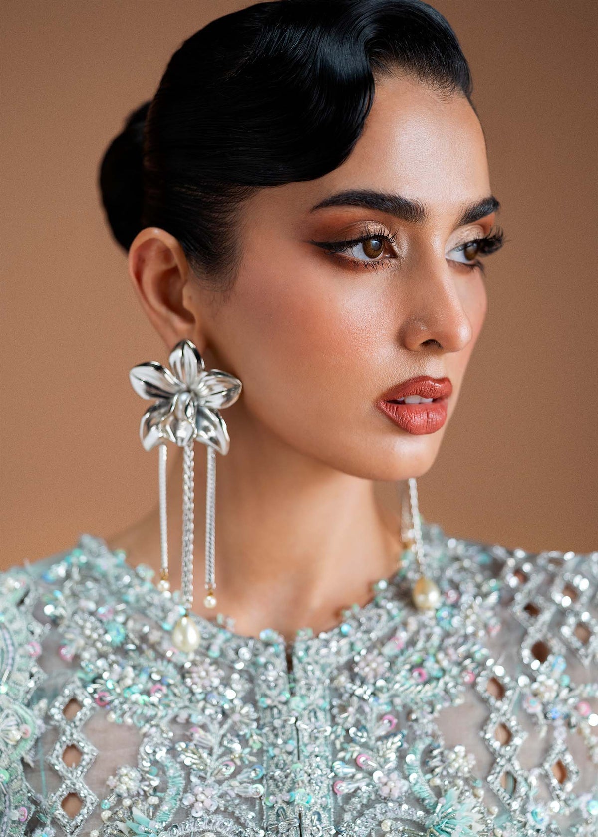 Model wearing mint green Vania outfit from Kanwal Malik, featuring delicate embroidery for Pakistani luxury pret and clothes online in UK.