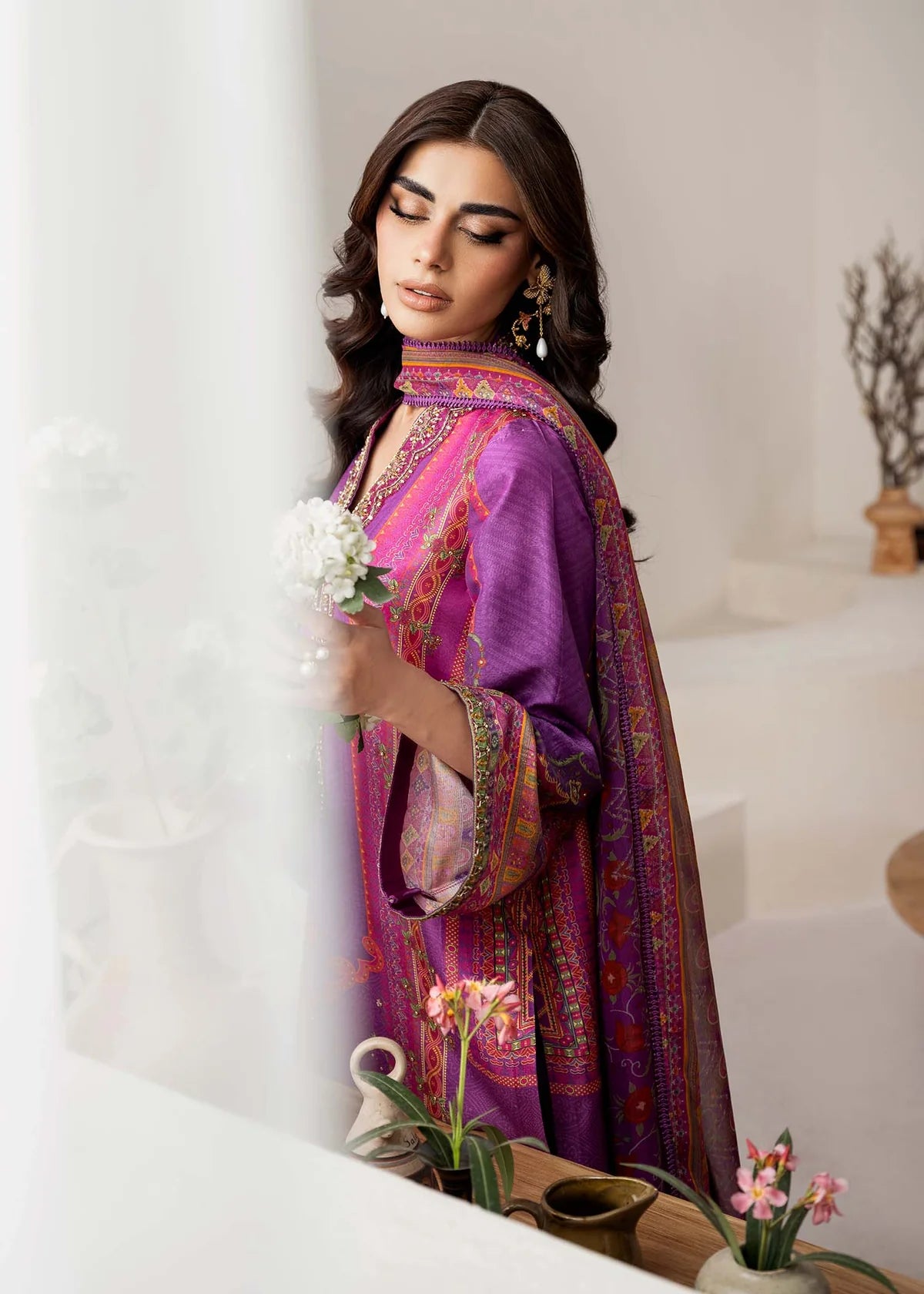 Model wearing vibrant purple Giana from Kanwal Malik Rosalia Silk Eid Collection '25, Pakistani luxury pret and clothes online in UK.