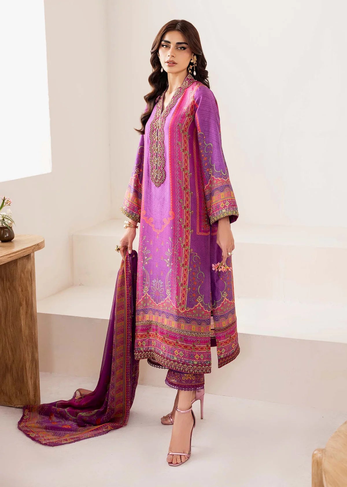 Model wearing vibrant purple Giana from Kanwal Malik Rosalia Silk Eid Collection '25, Pakistani luxury pret and clothes online in UK.