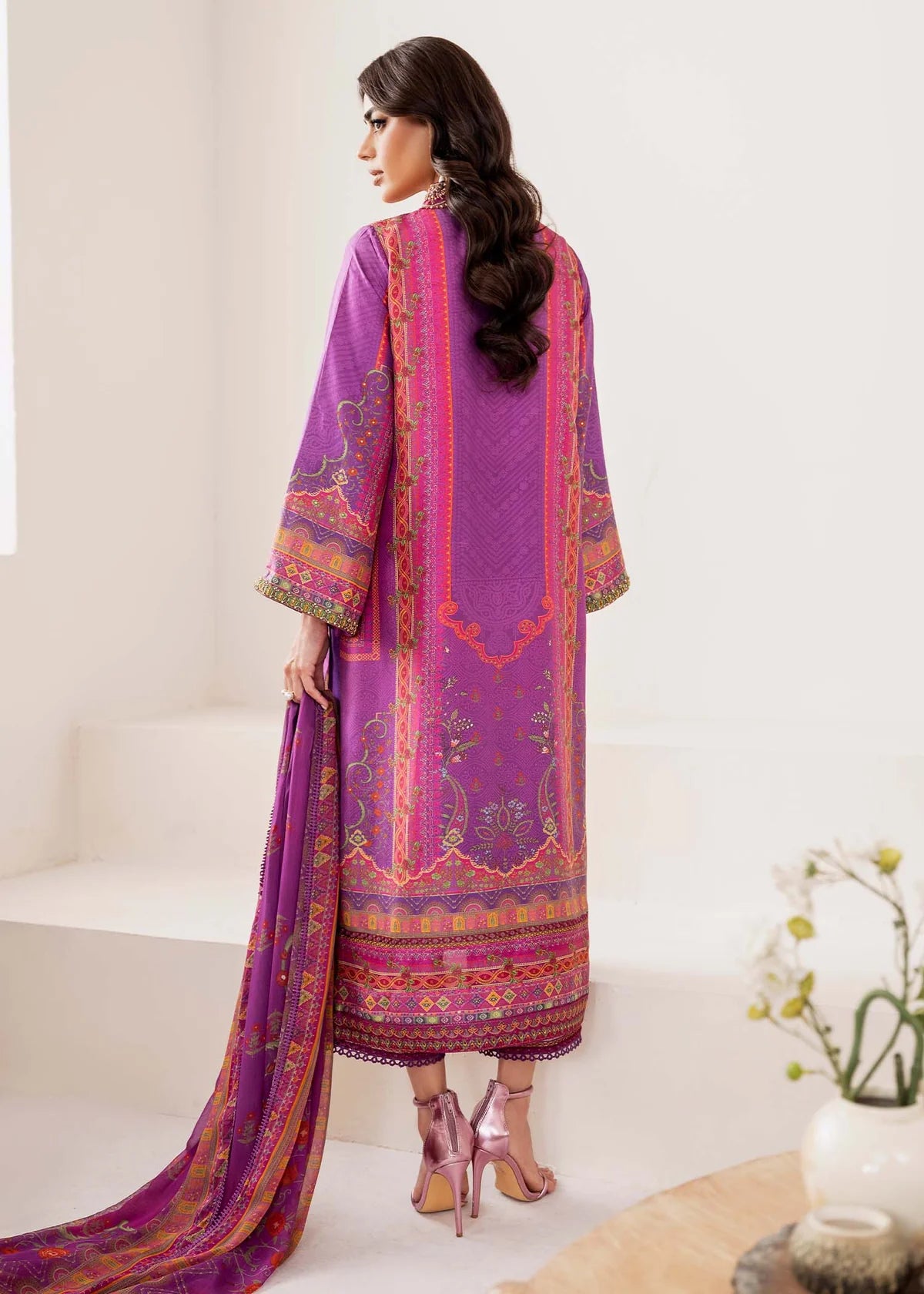Model wearing vibrant purple Giana from Kanwal Malik Rosalia Silk Eid Collection '25, Pakistani luxury pret and clothes online in UK.