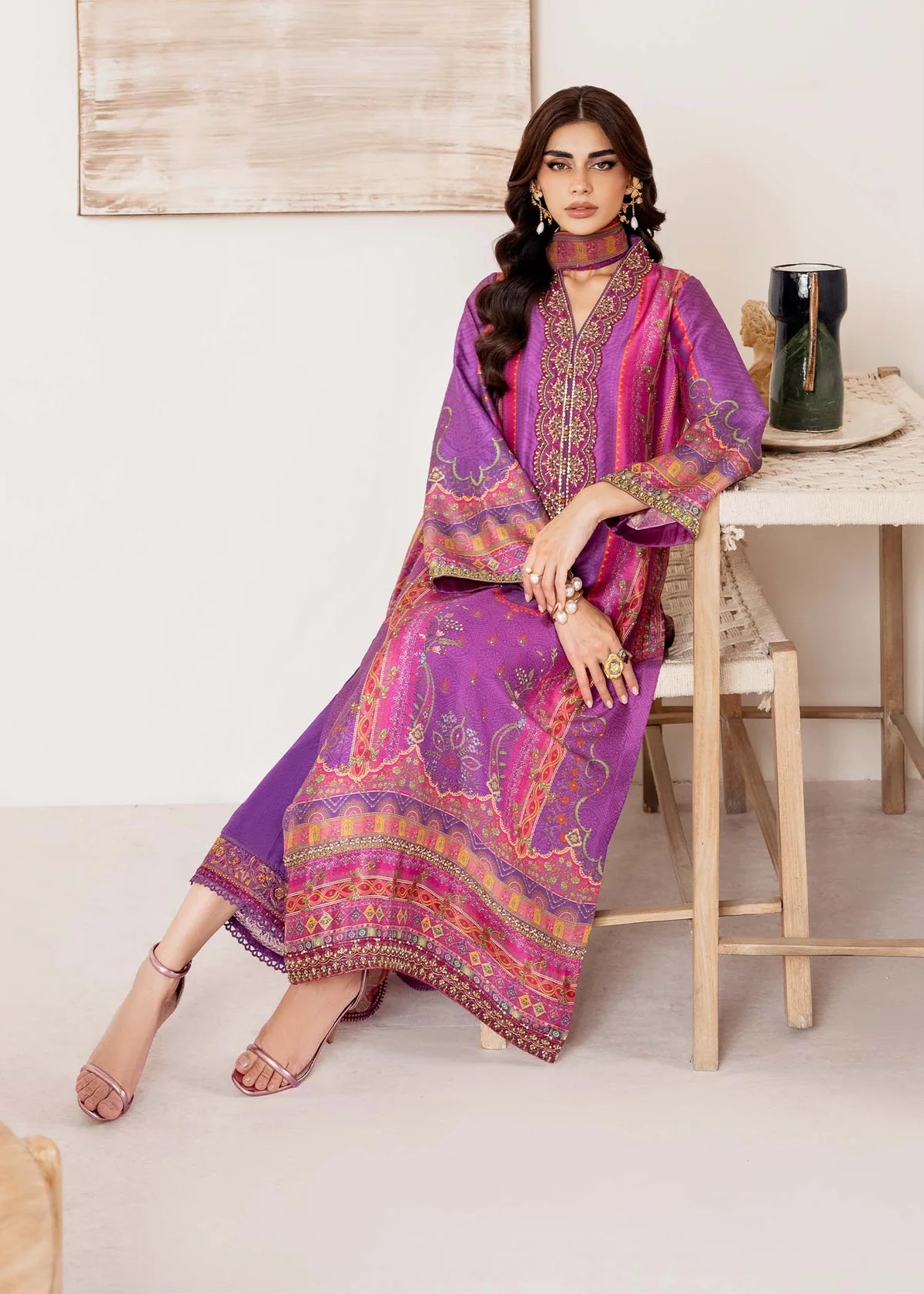 Model wearing vibrant purple Giana from Kanwal Malik Rosalia Silk Eid Collection '25, Pakistani luxury pret and clothes online in UK.