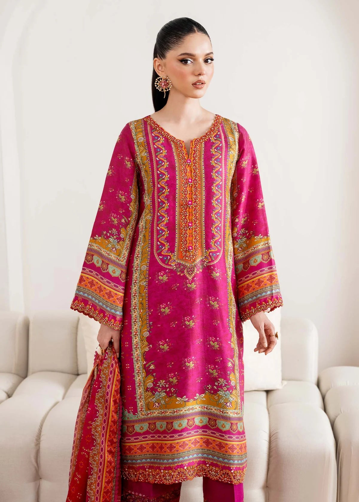 Model wearing deep pink Sylvie from Kanwal Malik Rosalia Silk Eid Collection '25, Pakistani luxury pret available online in UK.