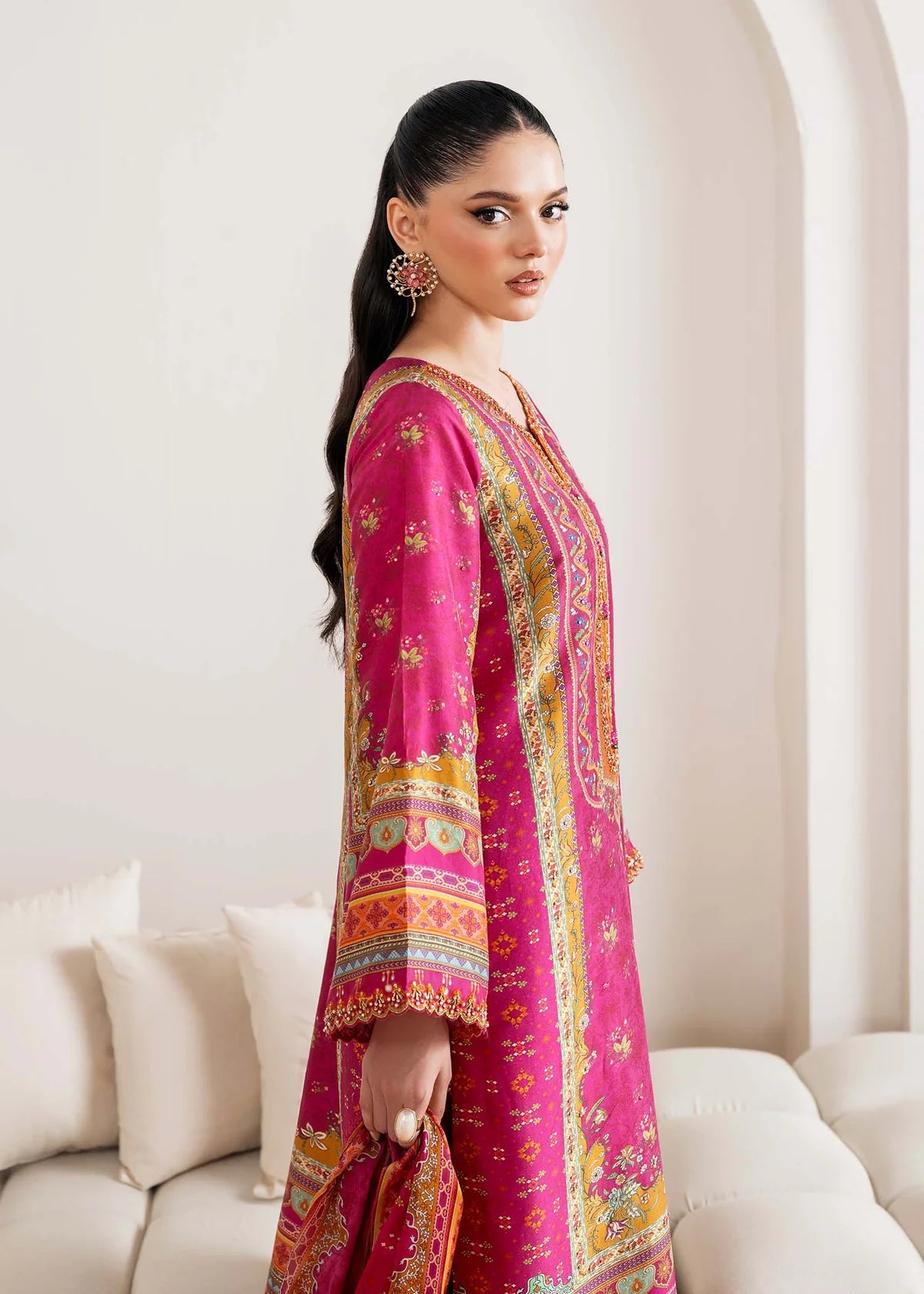 Model wearing deep pink Sylvie from Kanwal Malik Rosalia Silk Eid Collection '25, Pakistani luxury pret available online in UK.
