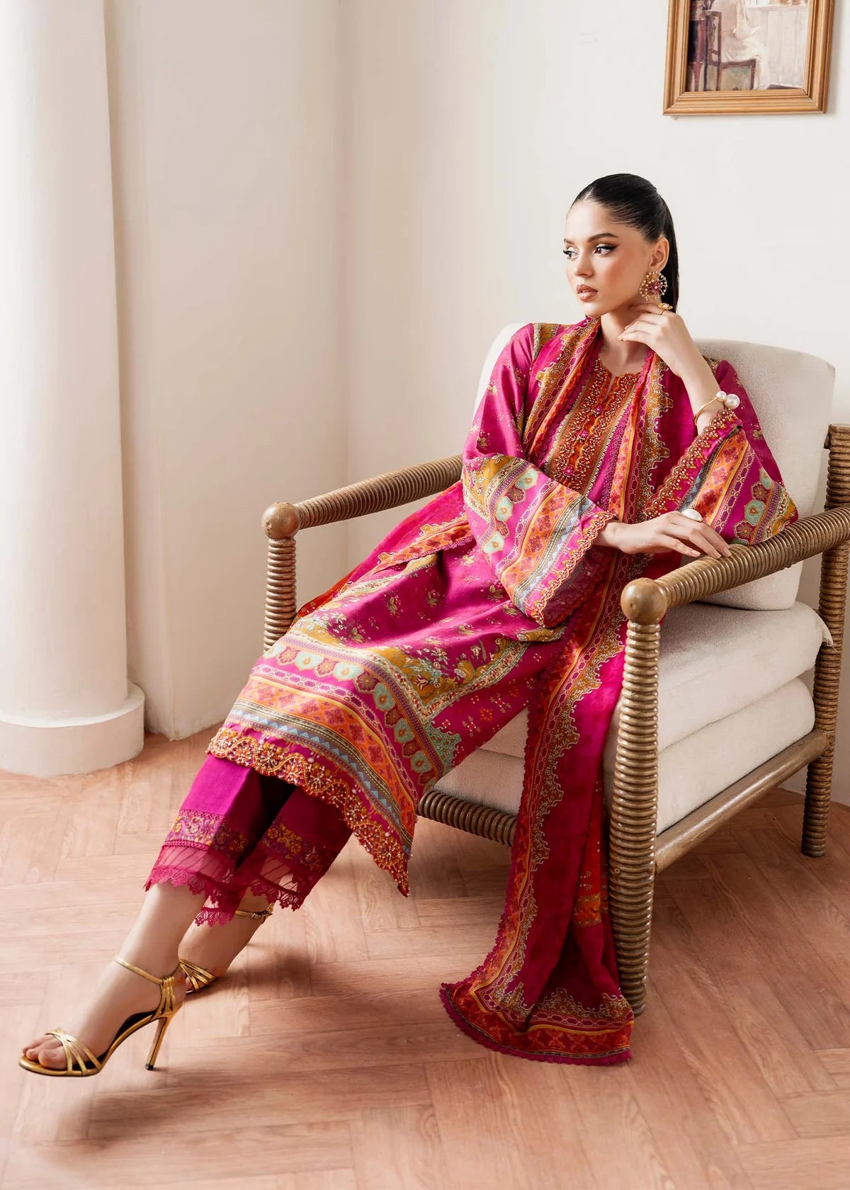 Model wearing deep pink Sylvie from Kanwal Malik Rosalia Silk Eid Collection '25, Pakistani luxury pret available online in UK.