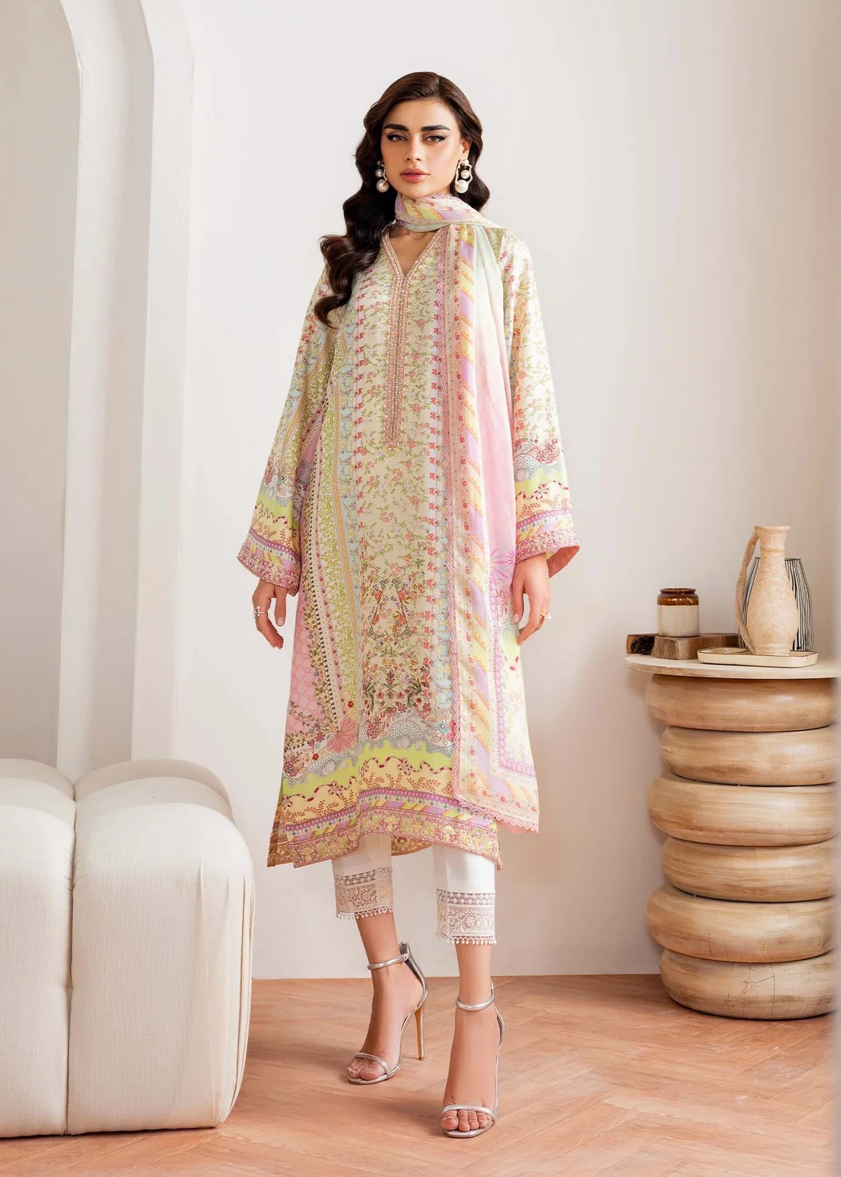 Model wearing pastel multicolor Seris from Kanwal Malik Rosalia Silk Eid Collection '25, Pakistani luxury pret and clothes online in UK.