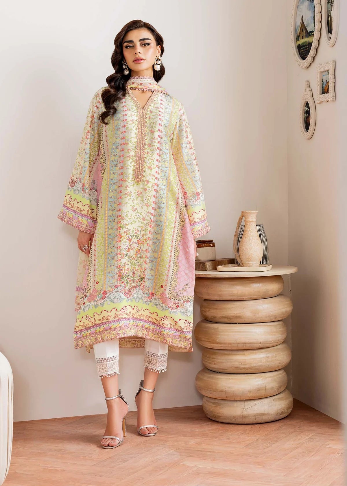 Model wearing pastel multicolor Seris from Kanwal Malik Rosalia Silk Eid Collection '25, Pakistani luxury pret and clothes online in UK.