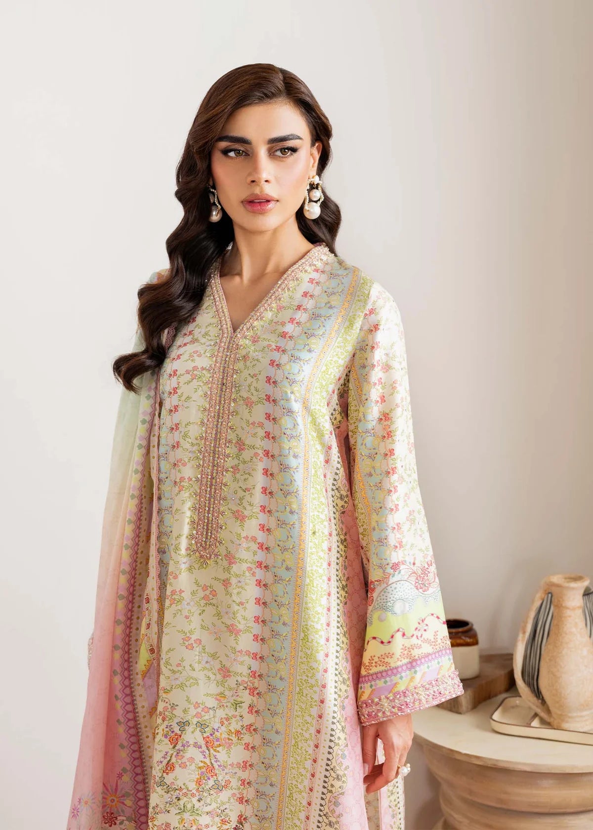 Model wearing pastel multicolor Seris from Kanwal Malik Rosalia Silk Eid Collection '25, Pakistani luxury pret and clothes online in UK.